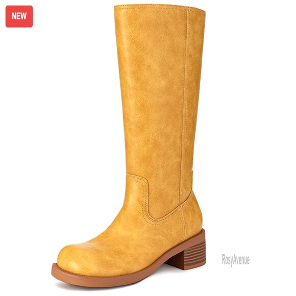 Shoes - Knee High Square Toe Boots Chunky Heel Slip On Riding Boots Women's